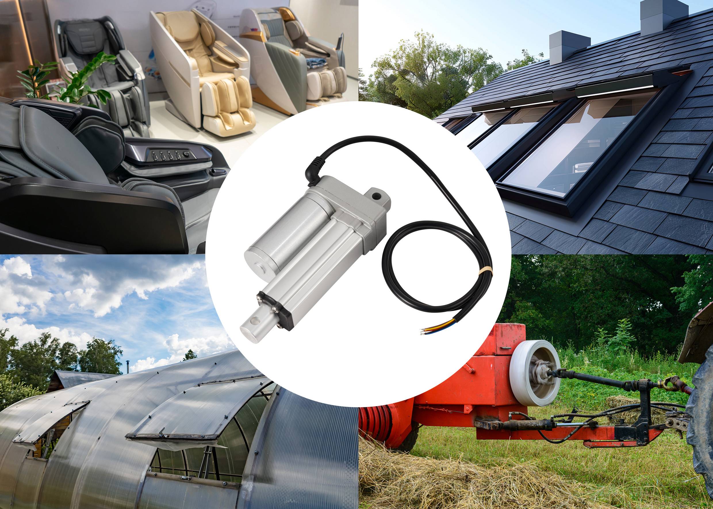 Elektrische Linearaktuatoren in verschiedenen Anwendungen: Massagesessel, Dachfenster, landwirtschaftliche Maschinen, Gewächshauslüftung.
