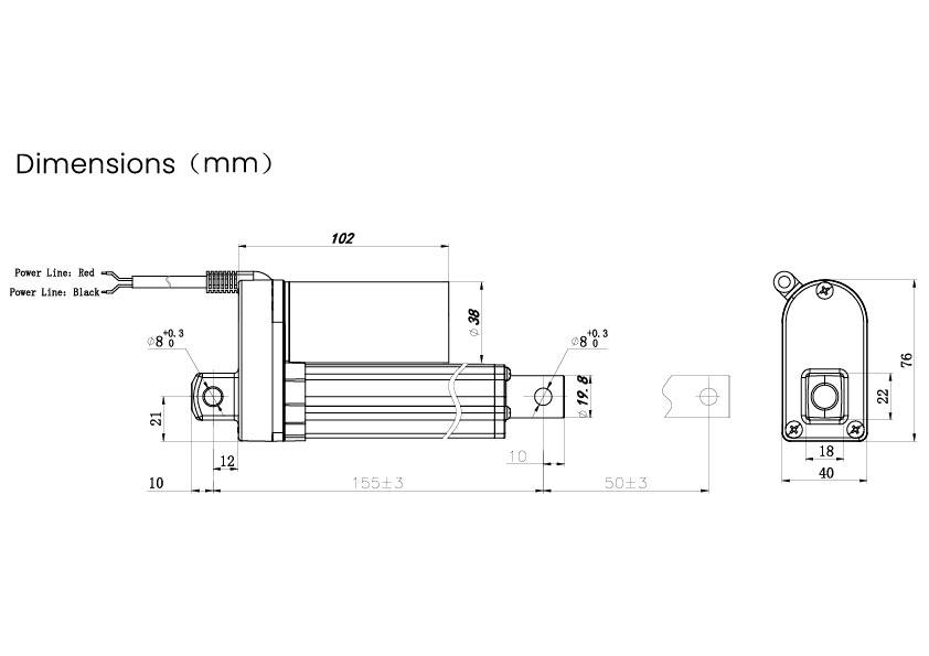 Zeichnung eines elektrischen Linearaktuators mit Abmessungen in Millimetern: Breite 18 mm, Gesamtlänge 250 mm, Höhe 40 mm. Drahtanschlüsse markiert.