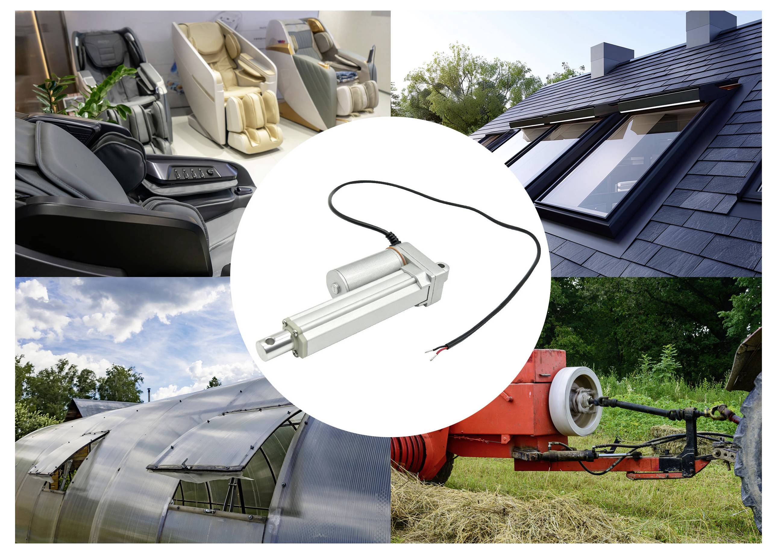 Kollage von elektrischen Linearaktuatoren, die in Liegestühlen, Dachfenstern, Gewächshausfenstern und Landmaschinen verwendet werden, mit einem zentralen Aktuator und Kabel.
