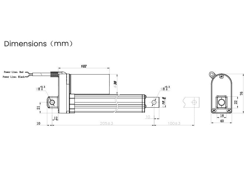 Technische Zeichnung eines linearen Aktuators. Maße in Millimetern angegeben. Links: 205.3 Länge, rechts: 18 Breite, 102 Höhe.