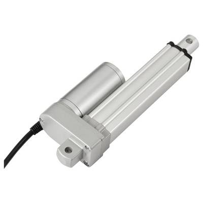 Ein elektrischer Linearantrieb mit Aluminiumgehäuse und schwarzem Kabel, oft verwendet für präzise Bewegungssteuerung in Maschinen.