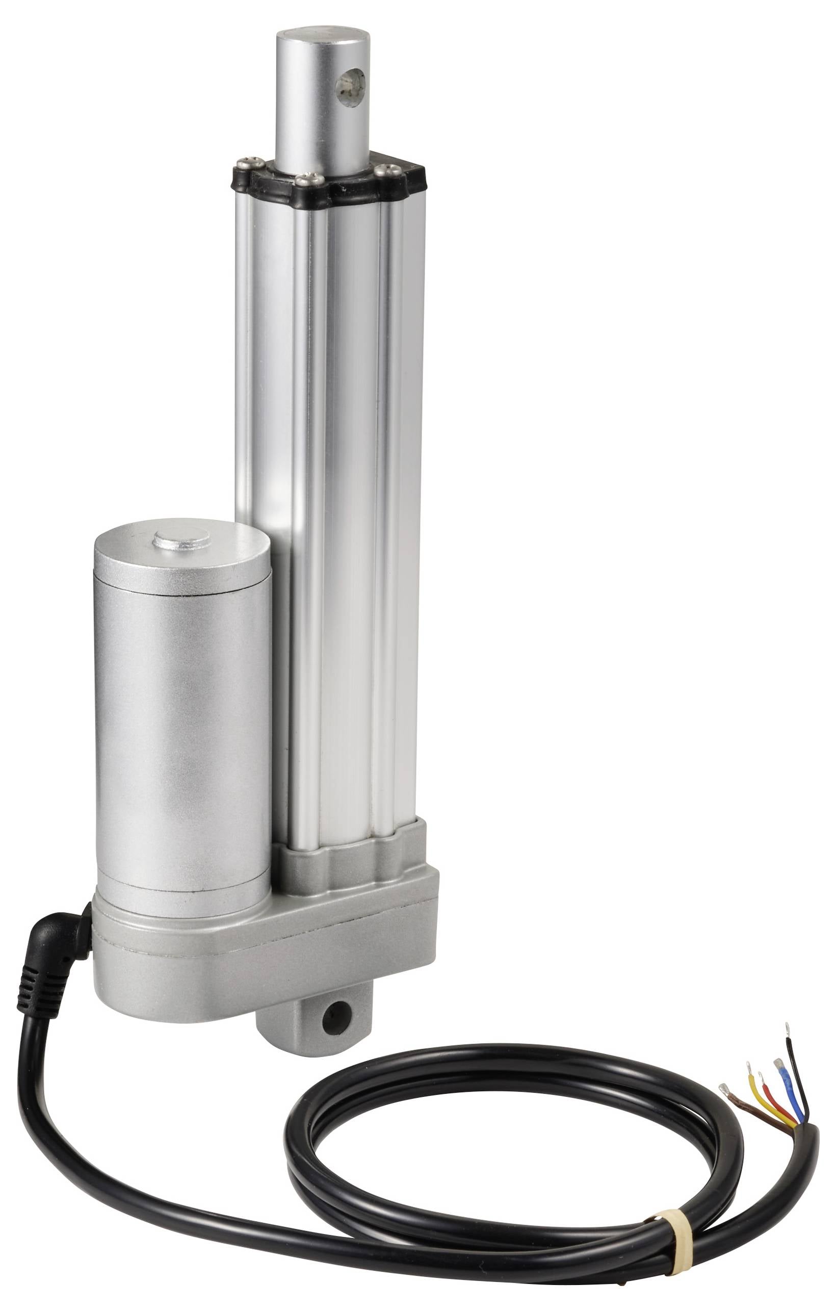 'Elektrischer Linearaktuator aus Metall mit Kabel und freiliegenden Drähten, geeignet für Maschinen- oder Automatisierungsanwendungen.'