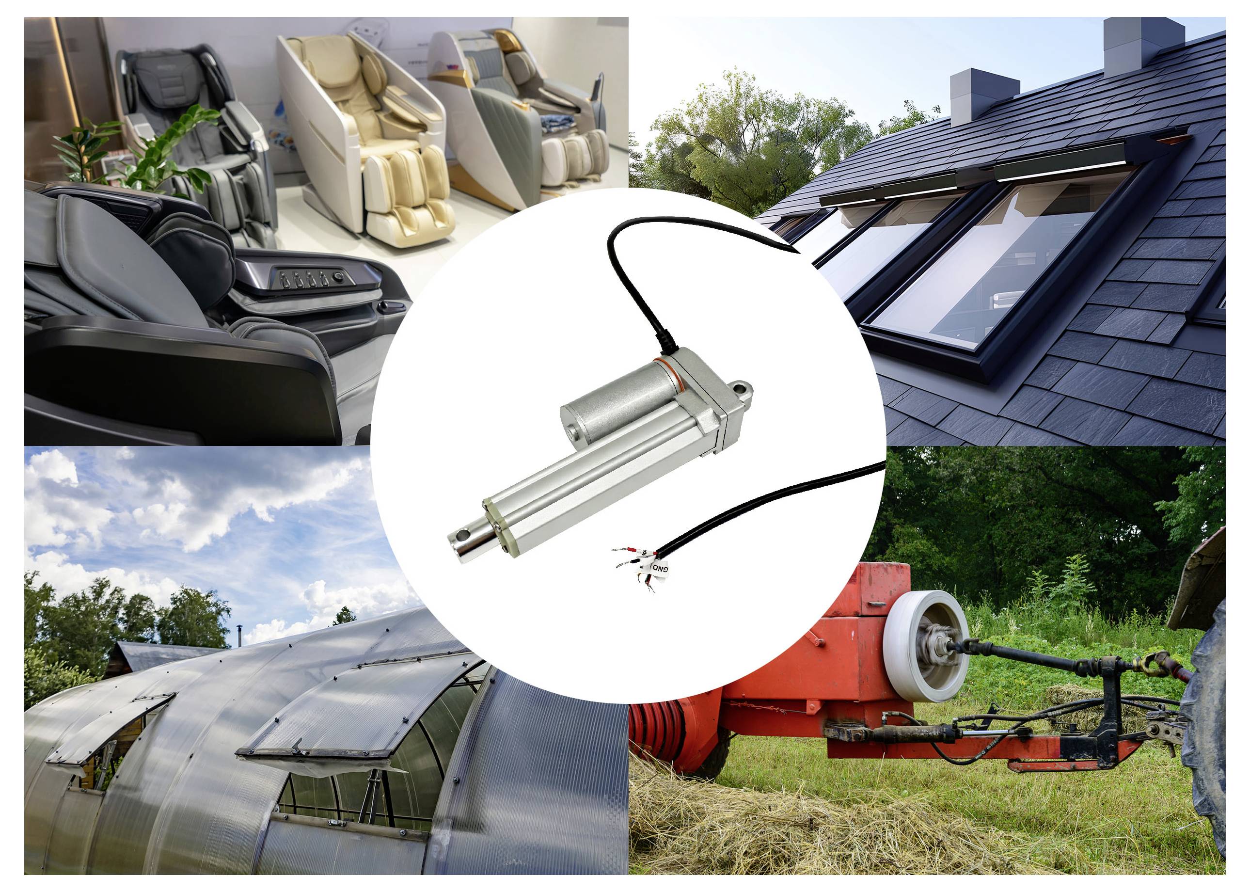 Linearer Elektroantrieb in der Industrie, zentriert in einer Collage, die motorisierte Bewegungsanwendungen in Relaxsesseln, Dachfenstern, Gewächshauspanelen und Landmaschinen zeigt.