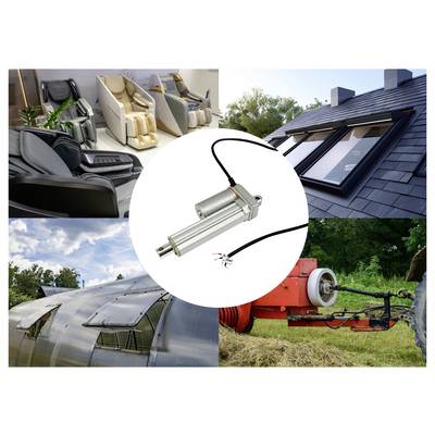 Linearer Elektroantrieb in der Industrie, zentriert in einer Collage, die motorisierte Bewegungsanwendungen in Relaxsesseln, Dachfenstern, Gewächshauspanelen und Landmaschinen zeigt.