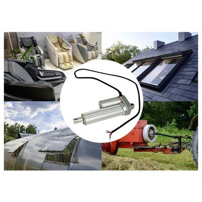 Elektrischer Linearantrieb in der Mitte, umgeben von Fotos von Liegestühlen, Dachfenstern, einem Gewächshaus und landwirtschaftlichen Maschinen, die mögliche Anwendungen zeigen