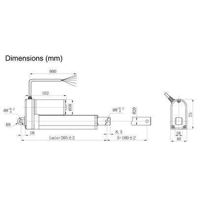 Technische Maßstabzeichnung einer mechanischen Komponente, zeigt Seiten- und Endansichten mit Abmessungen in Millimetern, einschließlich 900, 205±2, 100±2, Ø20 und R9.
