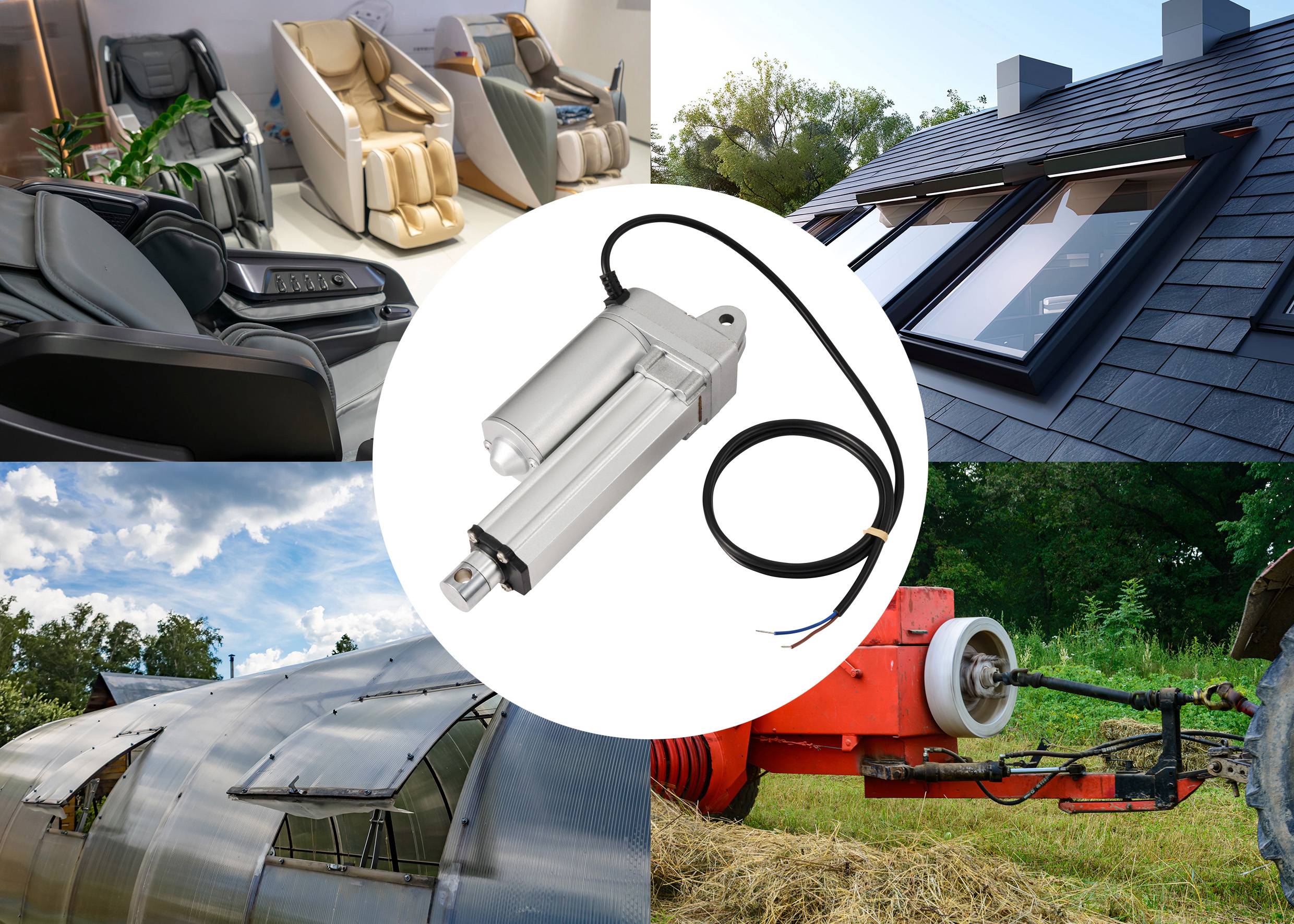 Bild zeigt Anwendungen eines Linearantriebs: Massagestühle, Dachfenster, Traktor und Gewächshaus, die mechanische Bewegungen erfordern.