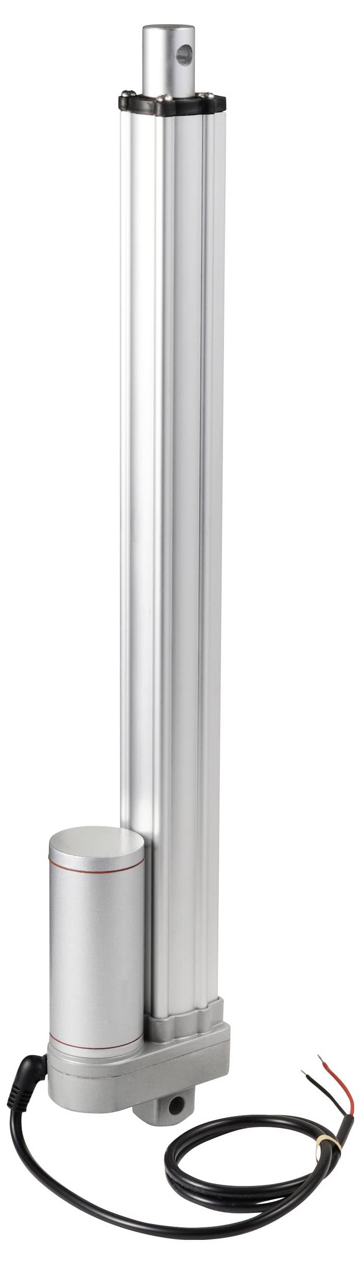 Ein linearer Aktuator aus Metall mit einem zylinderförmigen Motor und Kabeln an der Unterseite. Ideal für industrielle Anwendungen.