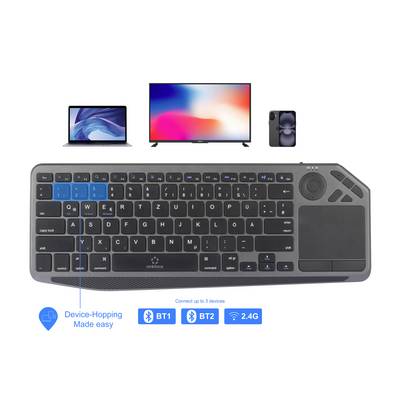 Kabellose Tastatur mit Trackpad zur Verbindung mit Laptop, Fernseher und Smartphone. Die Device-Hopping-Funktion ermöglicht die Verbindung mit drei Geräten: BT1, BT2 und 2,4G.