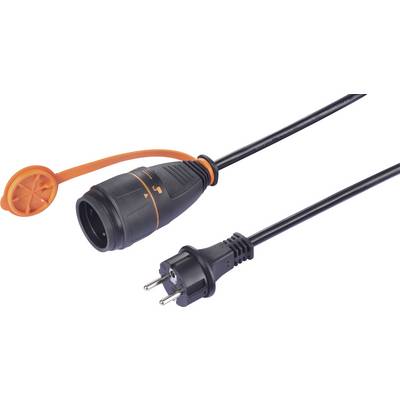 Ein schwarzes Verlängerungskabel mit einer orangen Schutzkappe an der Kupplung und einem Schuko-Stecker.