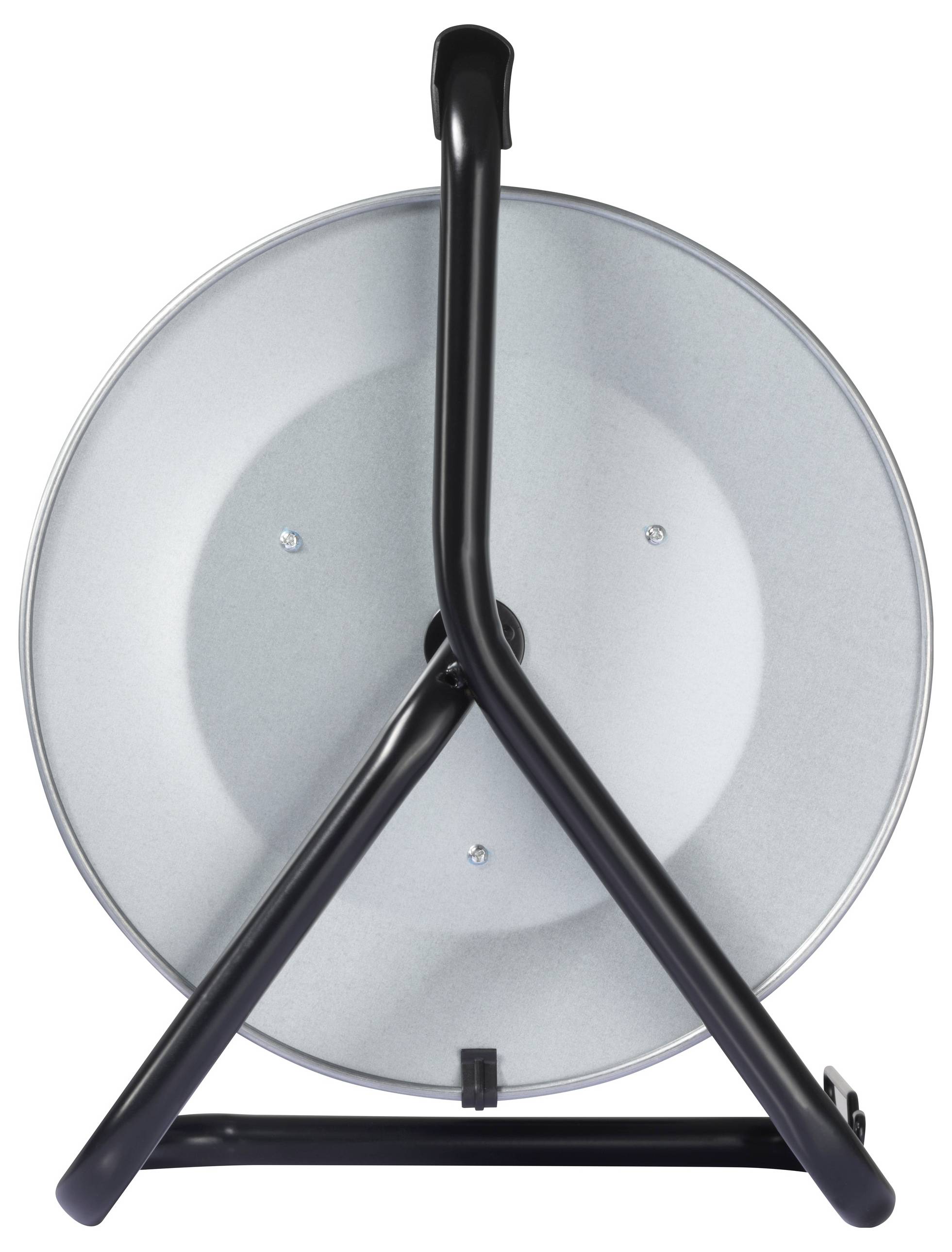 Kabeltrommel von vorne, schwarze Metallstruktur, grauer Kabelteller, stabiler Standfuß.