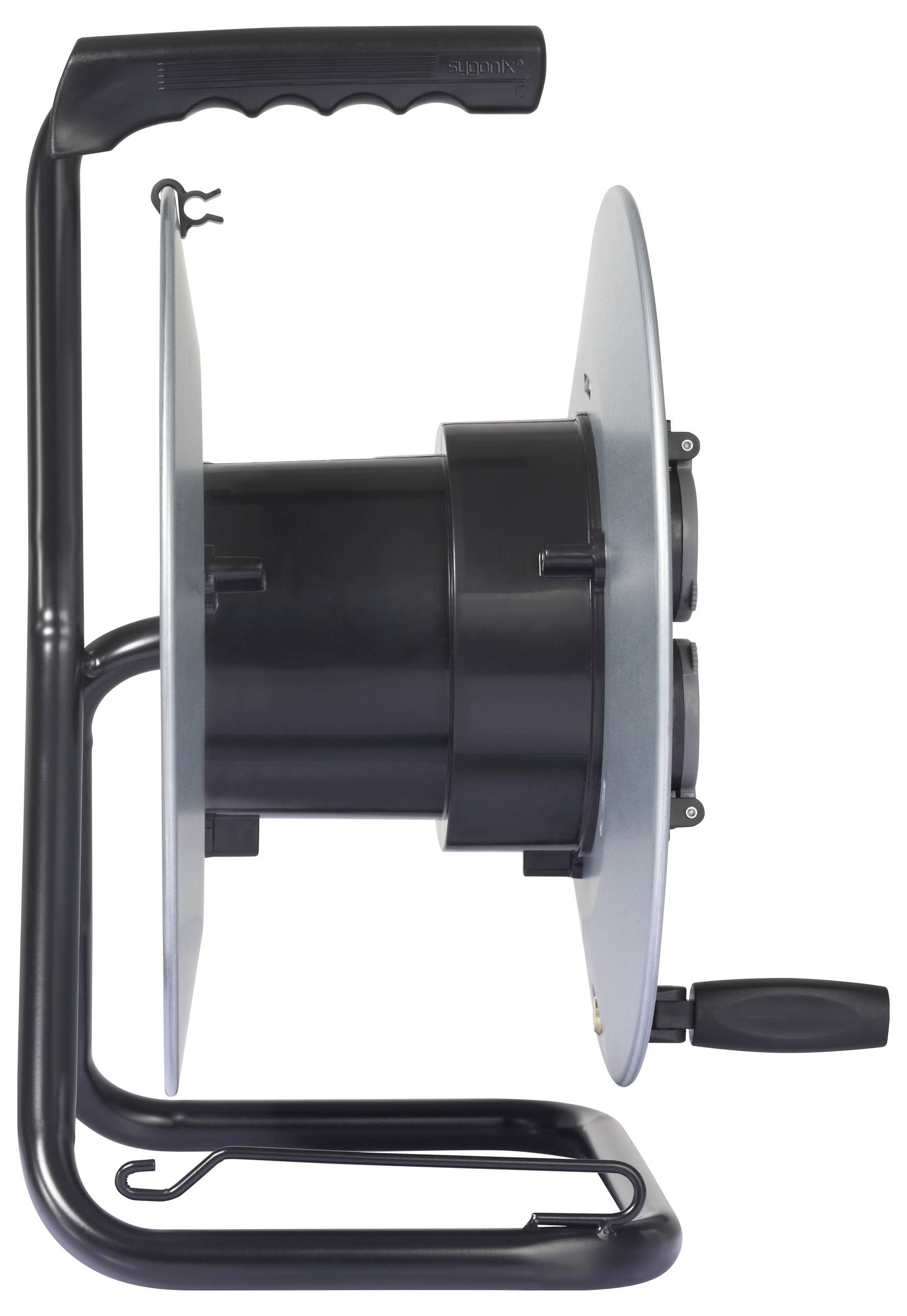 Eine Kabeltrommel mit ergonomischem Griff, zwei seitlichen Steckdosen und Handkurbel zur Aufwicklung des Kabels, seitliche Ansicht.