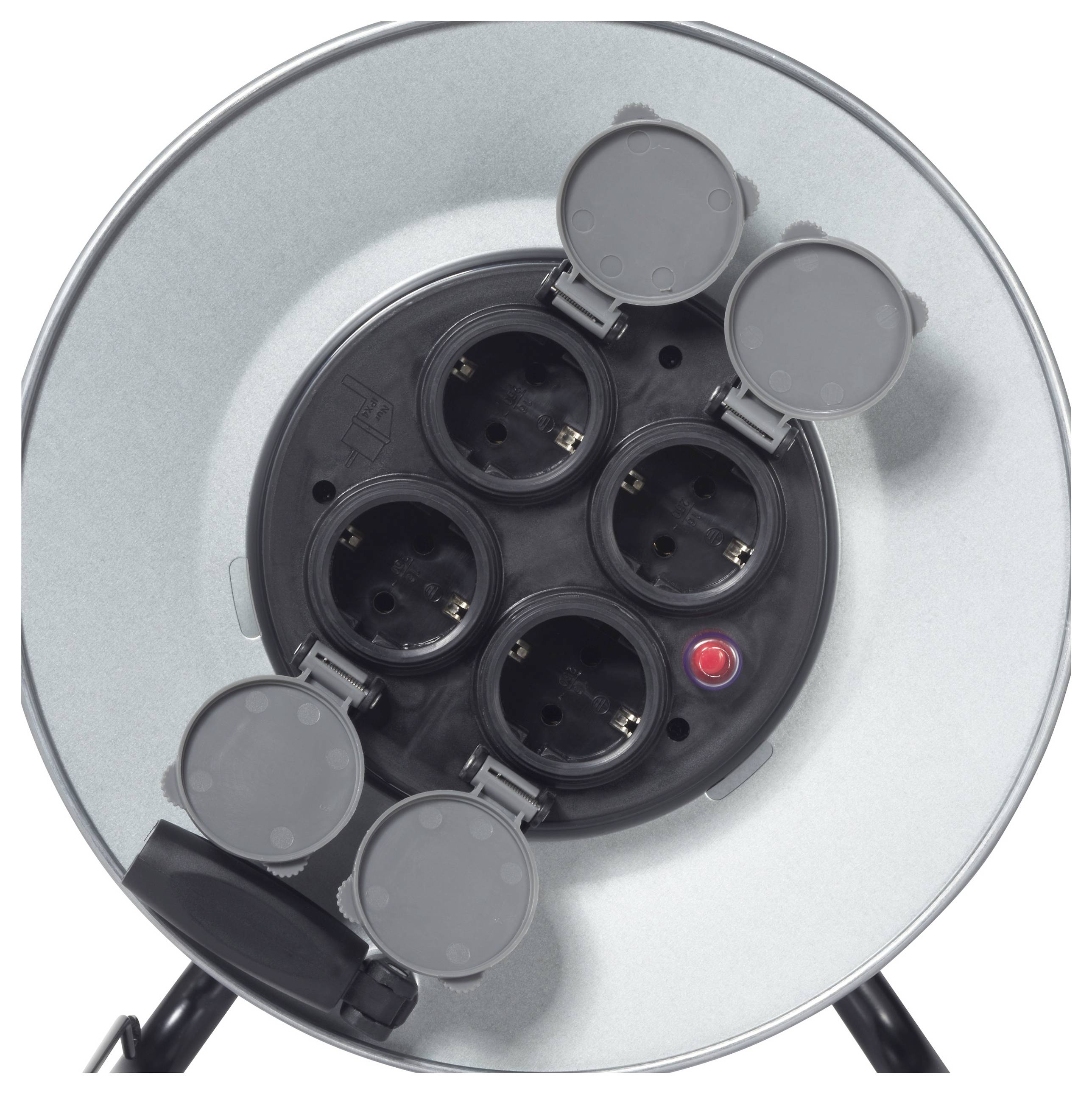 Ein verlängerungskabel mit fünf Steckdosen und einem roten Schalter, geeignet für mehrere Geräte. Ideal für Werkstatt oder Haushalt.