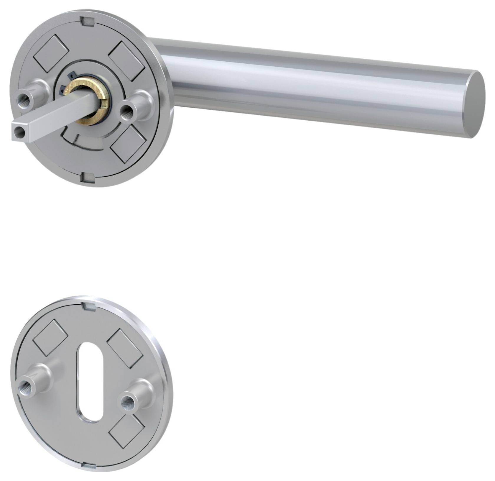 Türklinke aus Metall mit zylindrischem Griff und quadratischer Montageplatte, nebenliegendem Metallstück mit ovaler Aussparung.