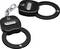 Schwarze Handschellen mit Zahlenschloss von 'BASI', geöffnet, mit einer kurzen Metallkette verbunden.