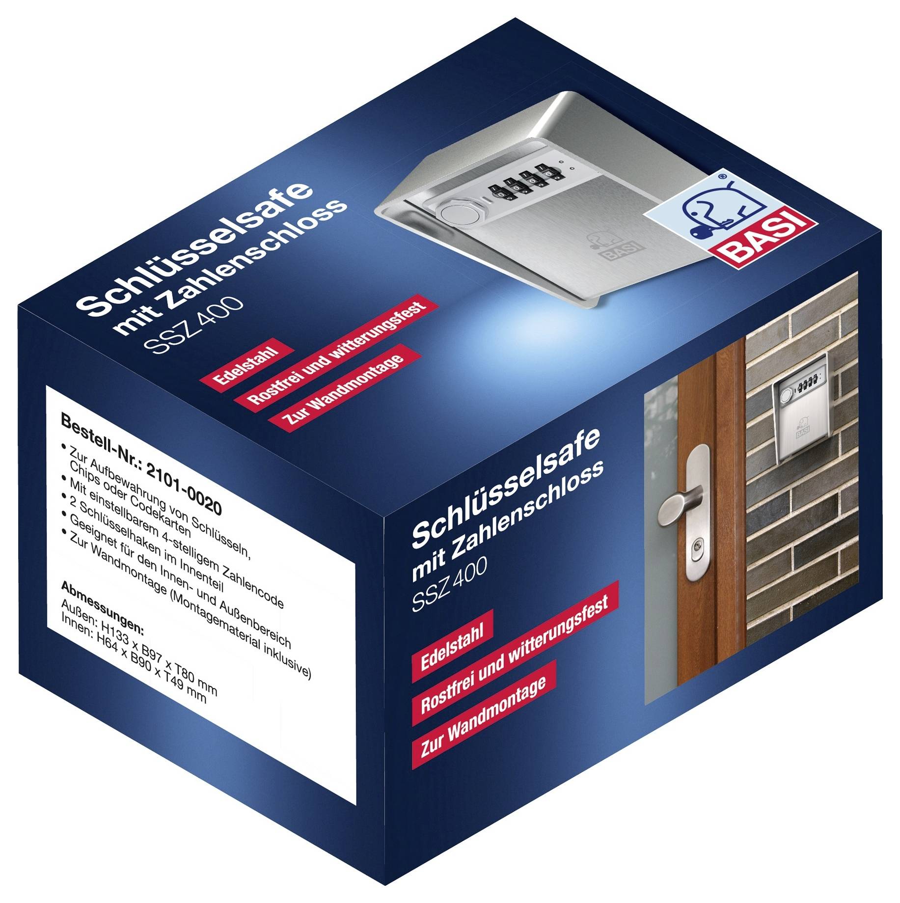 Metallener Schlüsselsafe mit Zahlenschloss und BASI-Logo, geeignet zur sicheren Aufbewahrung von Schlüsseln.