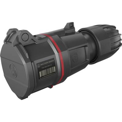 Ein schwarzer, zylindrischer Industrie-Stecker von Walther Werke mit rotem Ring und Barcode, geeignet für robuste elektrische Anwendungen.