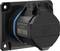 Schwarze robuste Steckdose an der Wand, mit blauer Umrandung und Barcode, von Walther-Werke.