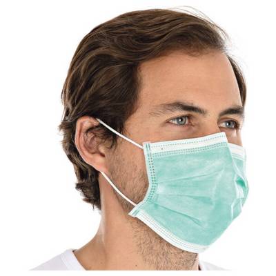 Person trägt eine blaue OP-Maske, zeigt Profilansicht.