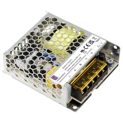 Ein Schaltnetzteil mit einem Metallgehäuse und einem gelben Anschlussblock, umgeben von einer Sechskantgitter-Abdeckung.