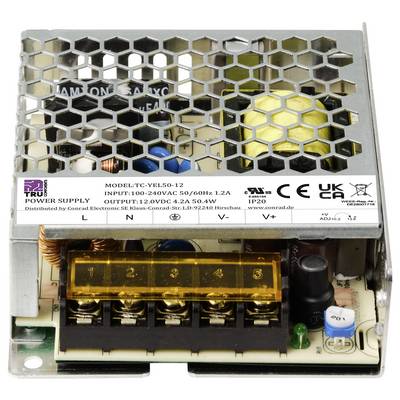 'Netzteil mit Metallgitterabdeckung und Etikett mit Spezifikationen: INPUT 100-240VAC, OUTPUT 12VDC 4.2A, IP20.'