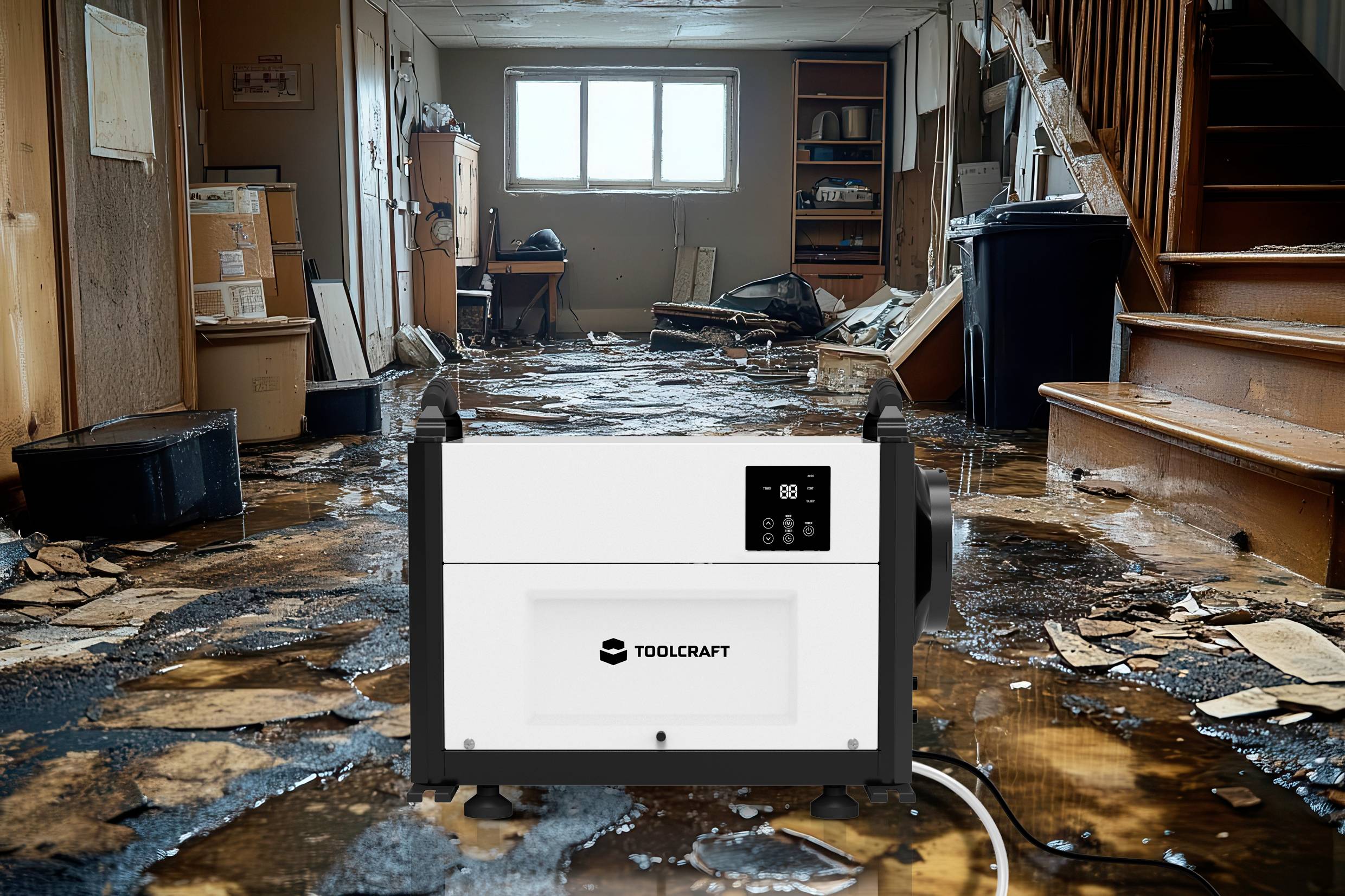 Wasserüberfluteter Kellerraum mit beschädigten Möbeln und Bodenbelag, im Vordergrund ein weißer Entfeuchter der Marke Toolcraft.