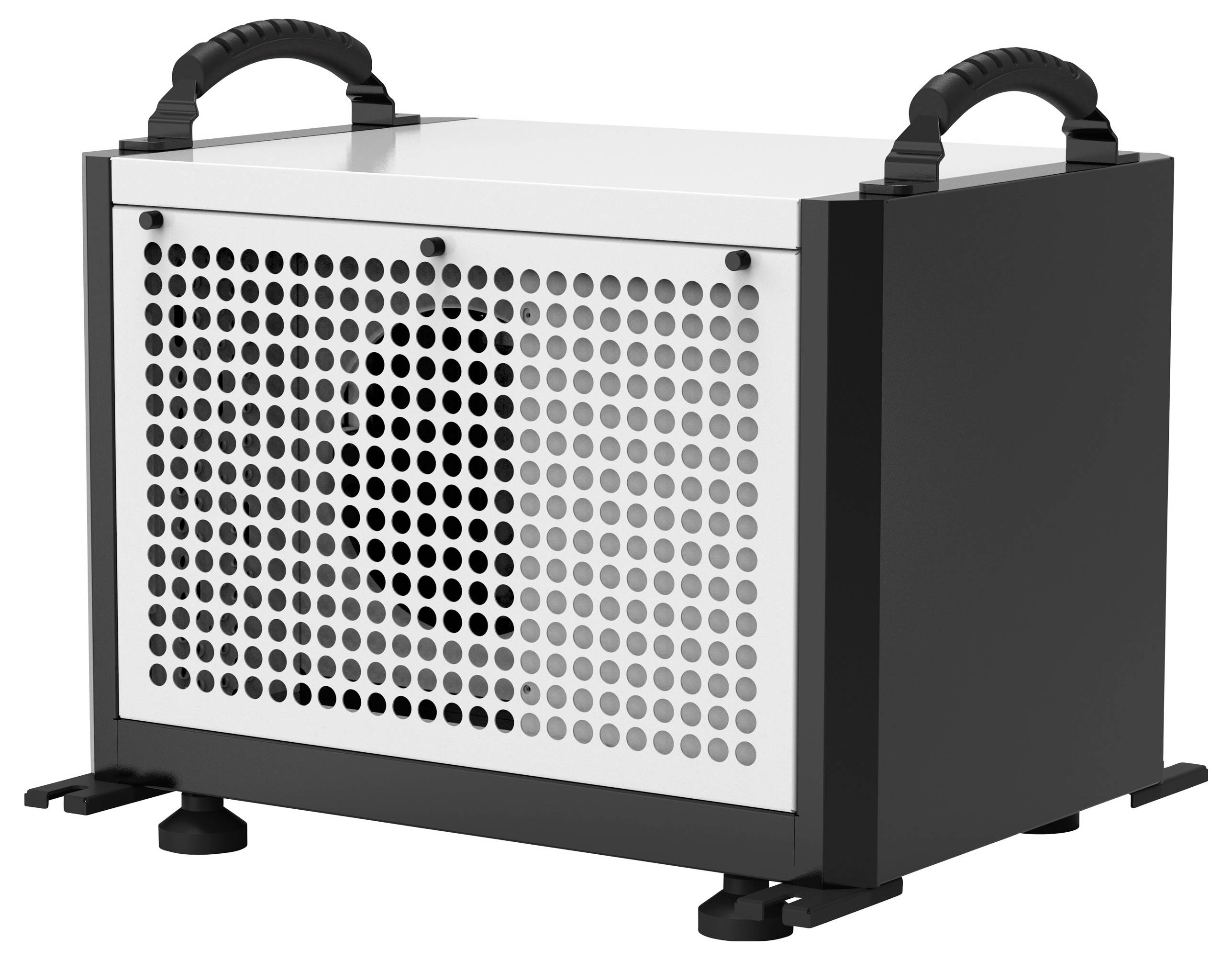 Ein schwarzes, quaderförmiges elektronisches Gerät mit einem Gitter vorne und zwei ergonomischen Griffen oben.