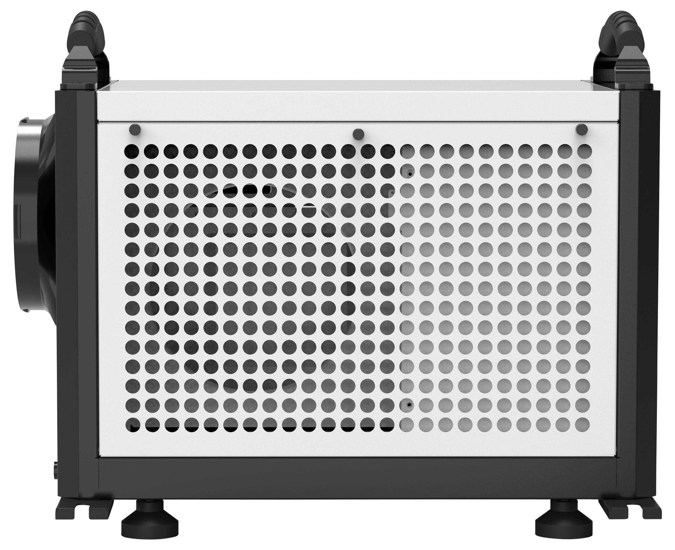 Ein rechteckiges Gerät mit schwarzem Rahmen und gelochtem weißen Gehäuse, steht auf vier Füßen, könnte ein elektronisches Gerät sein.