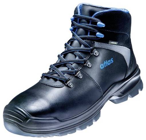 Ein schwarzer Sicherheitsstiefel mit verstärkter Spitze und blauen Details. Ideal für den Einsatz in Arbeitsumgebungen.