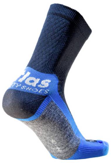Lange, schwarz-blaue Socke mit gepolsterter Ferse und einem weißen Logo an der Seite. Geeignet für sportliche Zwecke.