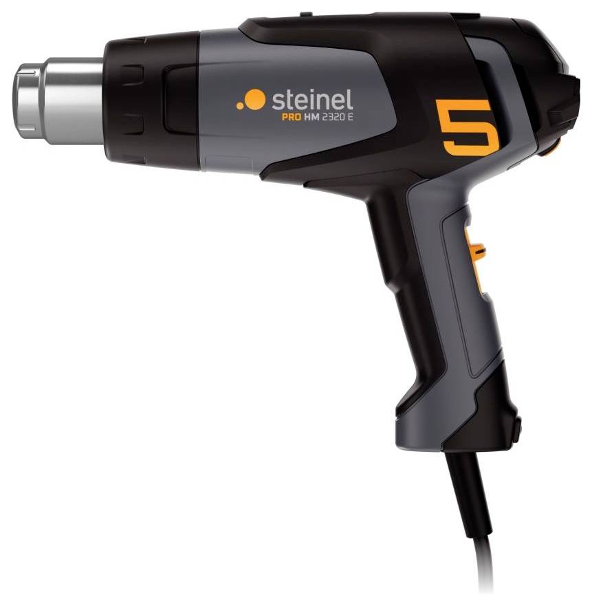 Heißluftgebläse, schwarz-grau, mit dem Logo 'steinel' und Modellnummer 'PRO HM 2300 E', orangefarbene Akzente, Kabel unten.