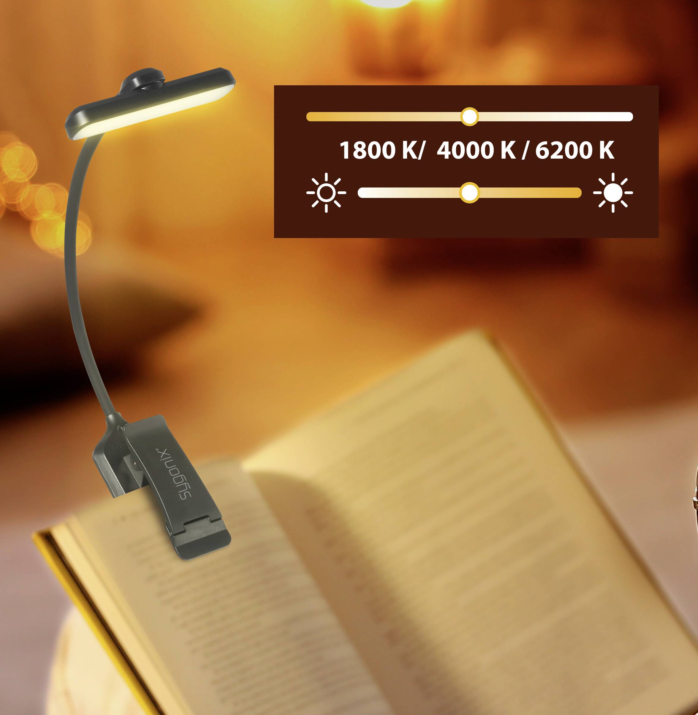 Eine flexible Leselampe beleuchtet ein offenes Buch. Im Hintergrund ein Diagramm mit Lichtfarbtemperaturen 1800 K, 4000 K, 6200 K.