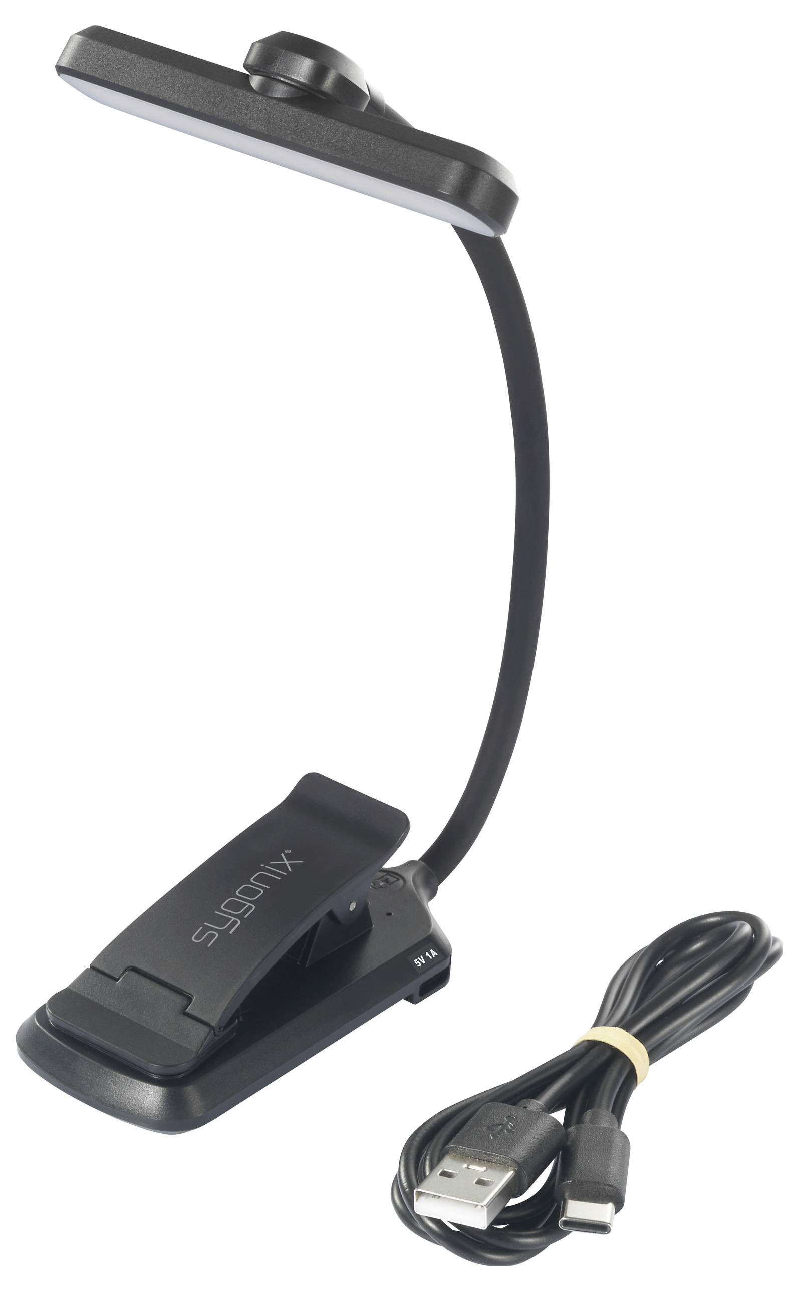 Schwarze LED-Klemmleuchte mit flexiblem Hals, geeignet für Bücher oder Notenständer. USB-Kabel für Stromversorgung enthalten.