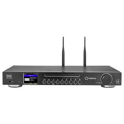 'Ein Renkforce Audio-Empfänger mit Doppelantenne, Front-Display mit Radiosender-Anzeige, Lautstärkeregler, Bedientasten, USB-Anschluss und CD-Schacht.'