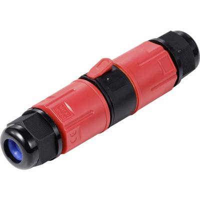 Roter, zylindrischer Elektronikstecker mit schwarzem Verschluss an beiden Enden, für robuste Kabelverbindungen in elektrischen Anwendungen.