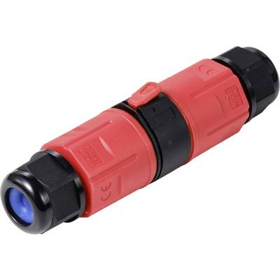 Ein roter, zylindrischer Steckverbinder mit schwarzem Ende und blauen Einsatz. Geeignet für die Verbindung elektrischer Kabel.