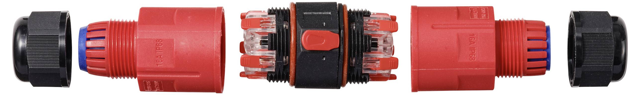 Zerlegter roter Rohrverbinder bestehend aus mehreren Teilen mit blauen Innensegmenten, bereit zur Montage.