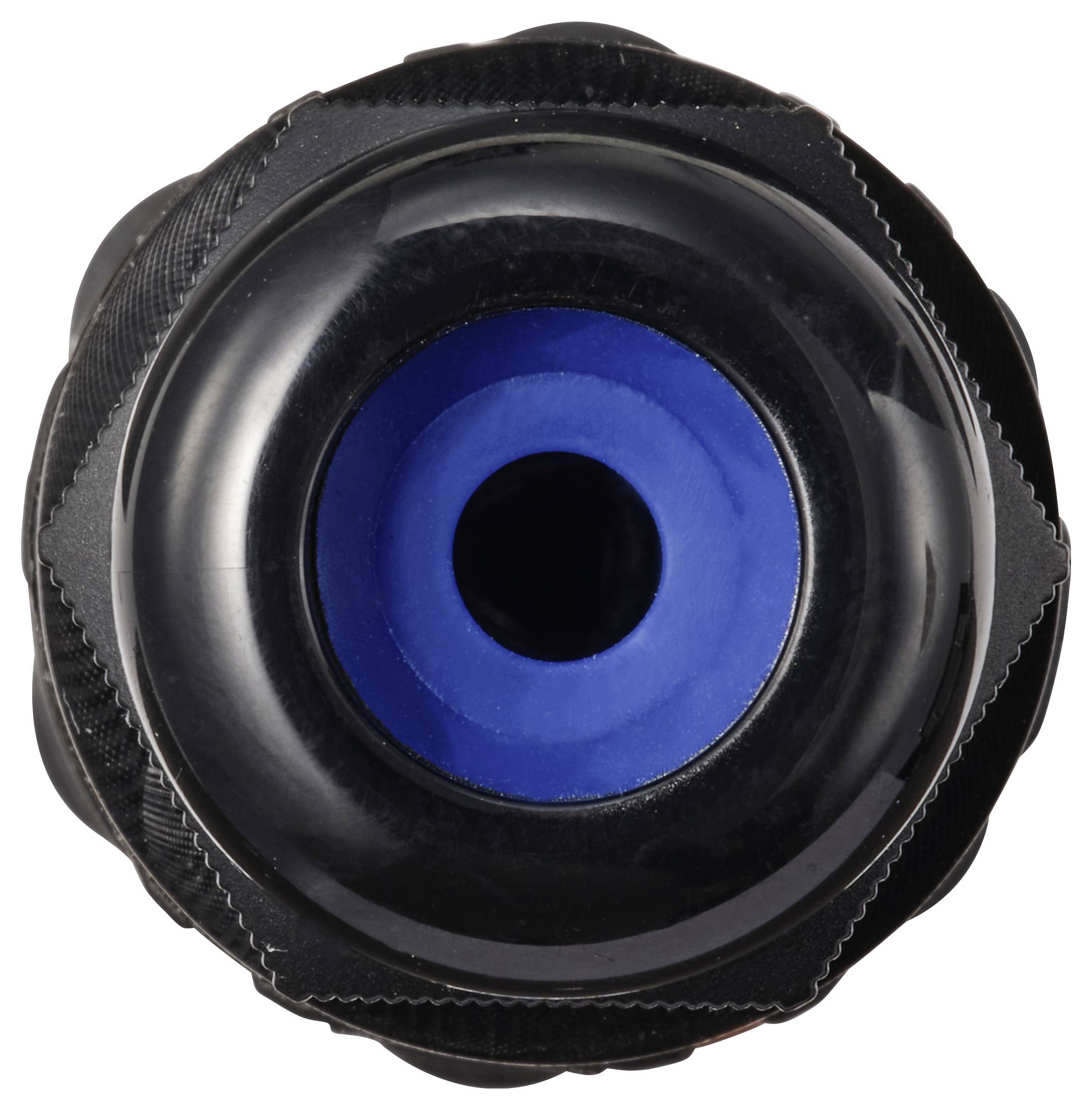 'Obenansicht eines runden Flaschenverschlusses mit einem blauen Einsatz in der Mitte, umgeben von einem schwarzen Rand.'