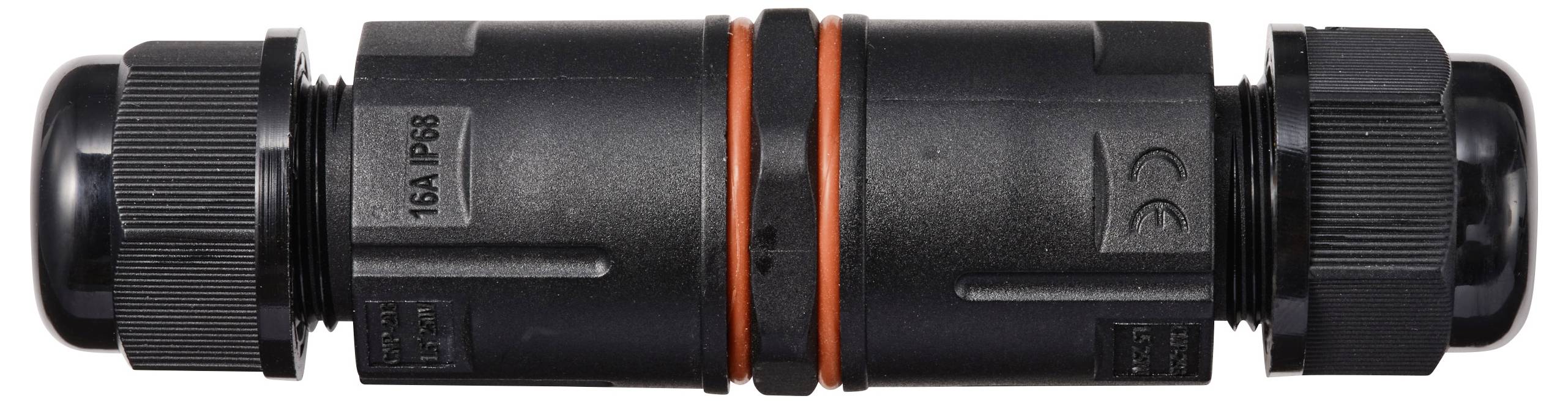 Schwarzer wasserdichter Kabelverbinder mit orangefarbenem Dichtungsring und Beschriftungen '15A IP68', geeignet für Außenanwendungen.