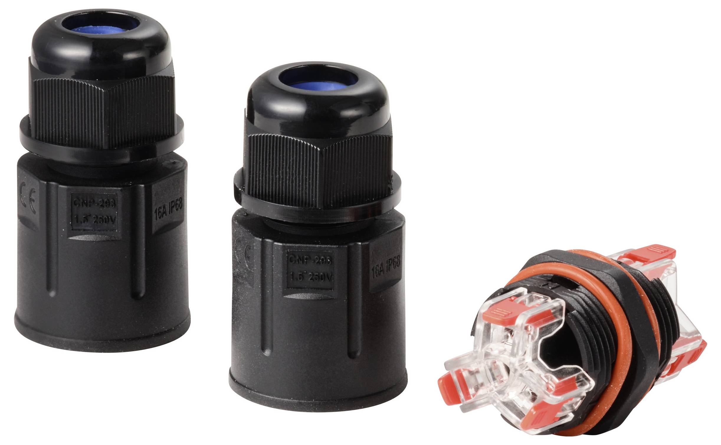 Zwei schwarze Kabelverschraubungen und ein transparenter Steckverbinder mit roten Details. Elektrische Komponenten für Verkabelung.