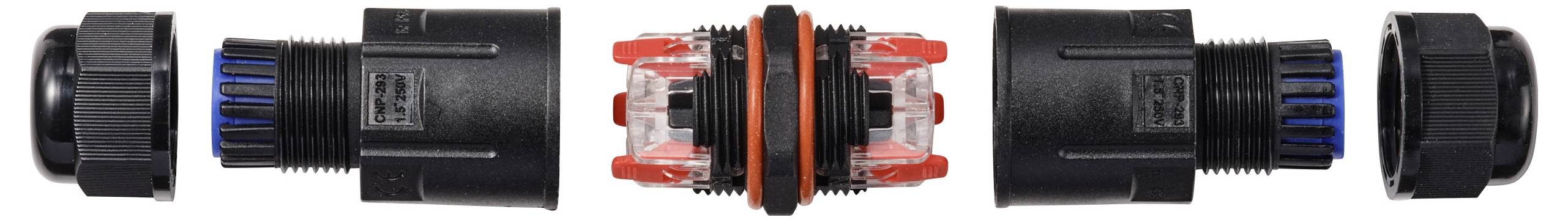 Vier schwarze, zylindrische Kabelverbinder mit blauen Ringen und einem roten Dichtungsring in der Mitte, getrennt und ausgerichtet nebeneinander.