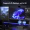 Ein Computer-Setup mit zwei Bildschirmen zeigt eine Landschaft und eine Benutzeroberfläche. Text: 'Supports 2 displays, up to 4K'.