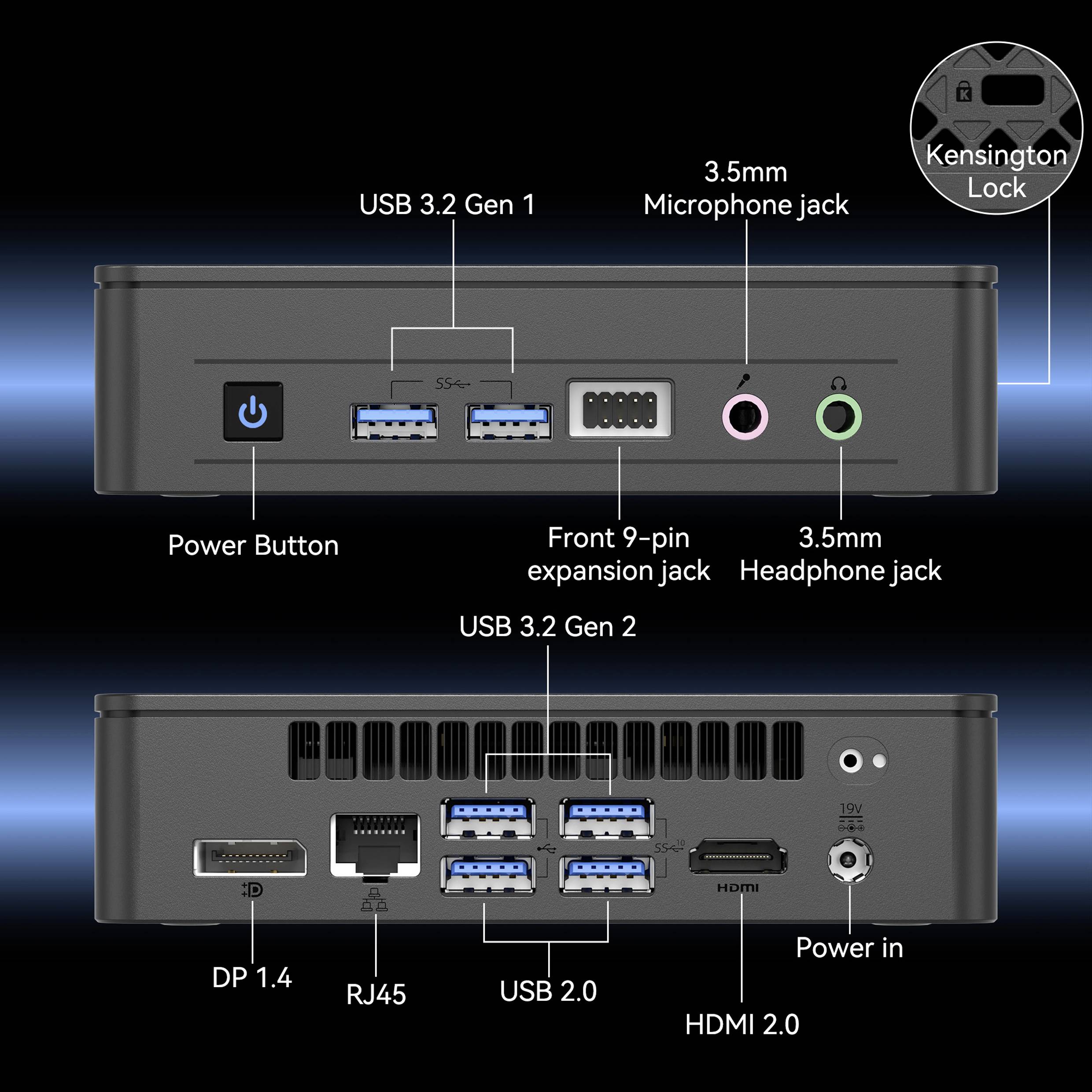 Frontansicht eines kleinen Computers mit Power-Taste, USB 3.2 Gen 1, 9-poligem Erweiterungssteckplatz und zwei Audioanschlüssen. Rückseite zeigt USB 2.0, USB 3.2 Gen 2, HDMI 2.0, DP 1.4, RJ45 und Stromanschluss.