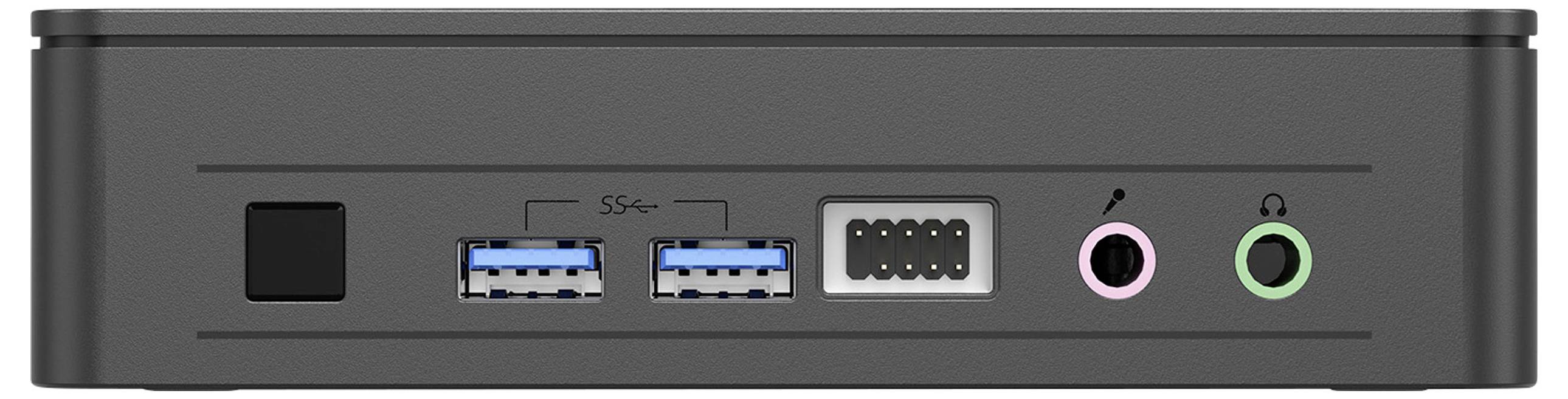Ein schwarzer Mini-PC mit vier Anschlüssen: zwei USB 3.0-Ports, ein HDMI-Anschluss und zwei Audiobuchsen (grün und pink).