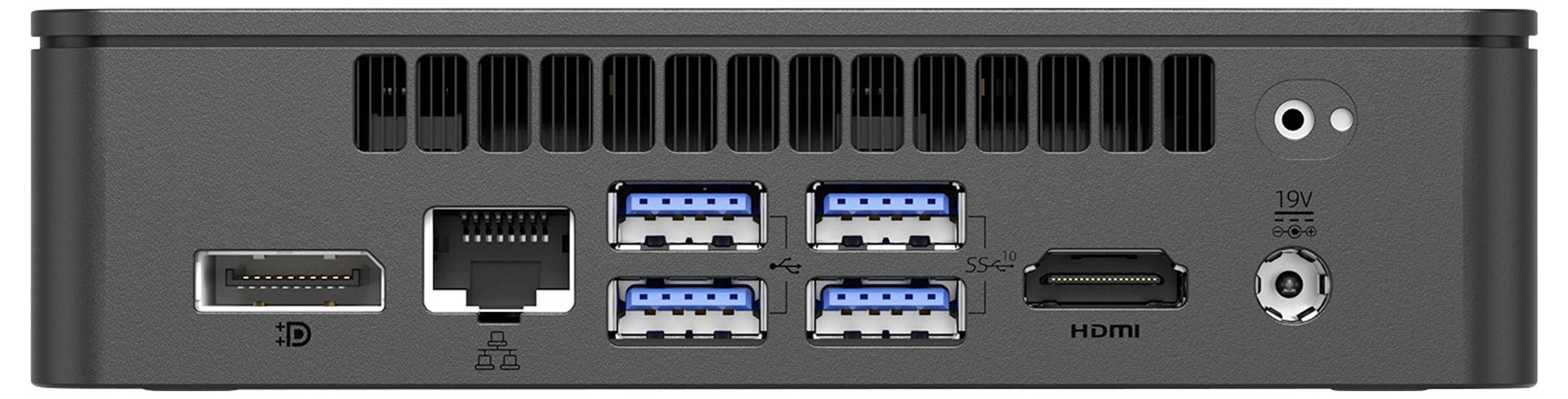 Rückseite eines Minicomputers mit mehreren Anschlüssen: HDMI, Ethernet, vier USB-Anschlüsse, ein Audio-Eingang und ein Stromanschluss.
