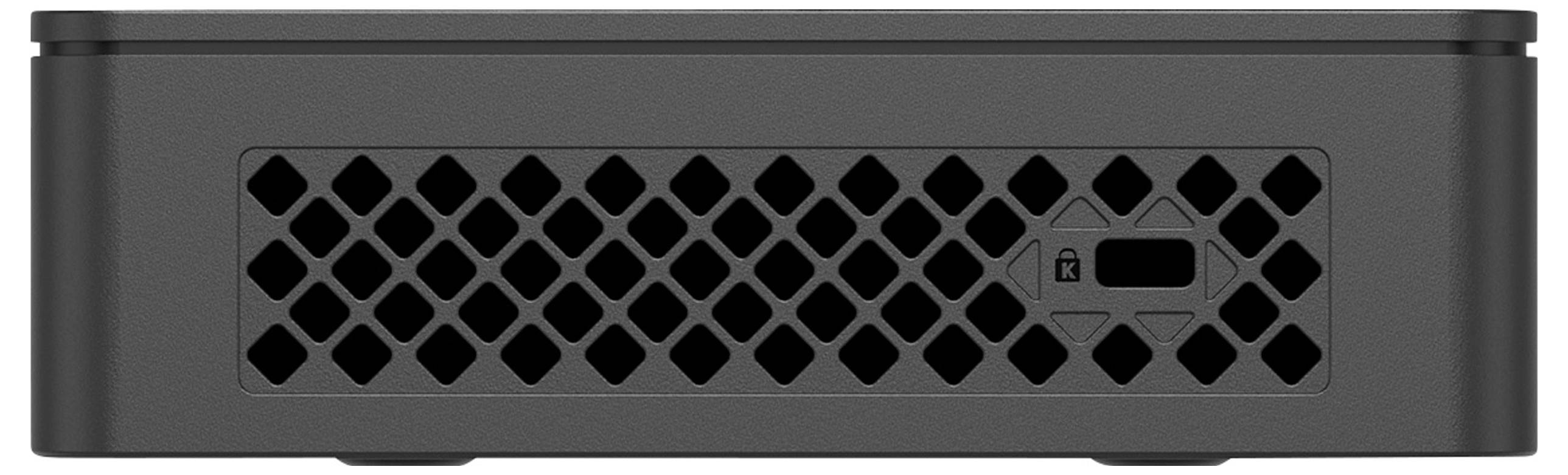 Schwarzer Computergehäuseboden mit Gittermuster und Schlüsselsymbol auf der rechten Seite sichtbar.