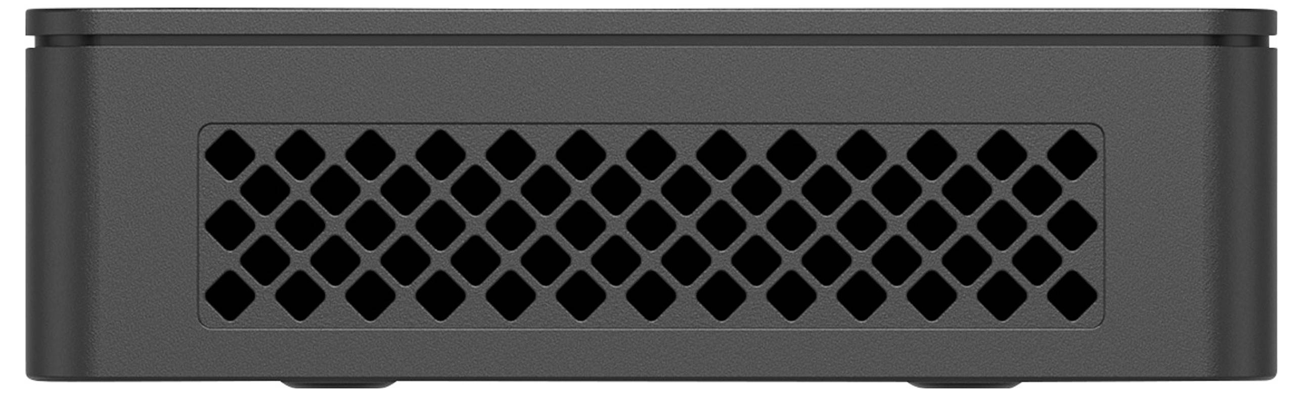 Eine schwarze, rechteckige Box mit seitlichen Lüftungsschlitzen. Negativraum in Rautenform.