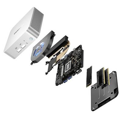 Explosionsdarstellung eines Mini-PCs, der in mehrere Komponenten zerlegt ist: Gehäuse, Lüfter, Grafikkarte, Mainboard, RAM und untere Abdeckung.