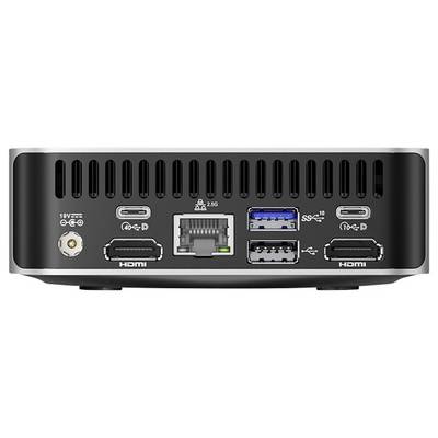Rückseite eines Mini-PCs mit zwei HDMI-Anschlüssen, zwei USB-C-Anschlüssen, zwei USB-A-Anschlüssen, Ethernet-Port, Stromanschluss.