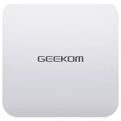 Ein weißes Gerät mit abgerundeten Ecken und der Aufschrift 'GEEKOM' in der Mitte.